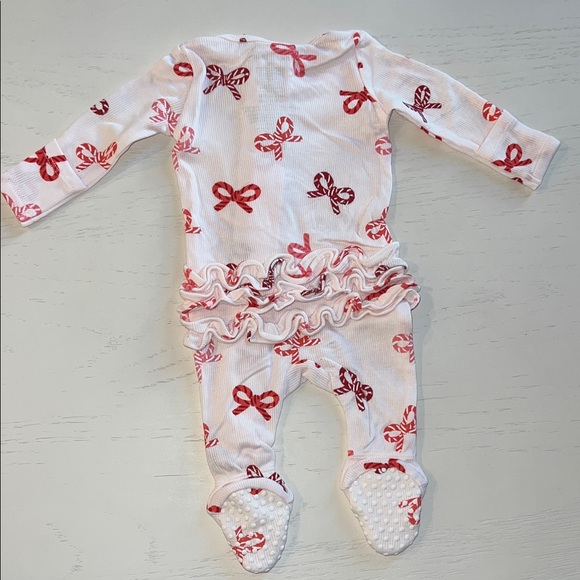 Angel Dear Pink Red Candy Cane Bow Print Footie Newborn 0-3 3-6 months - Picture 4 of 4